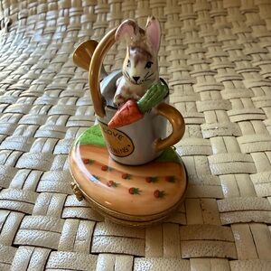 I Love Gardening Limoges France Trinket Box Rabbit in Watering Can w/ Carrot